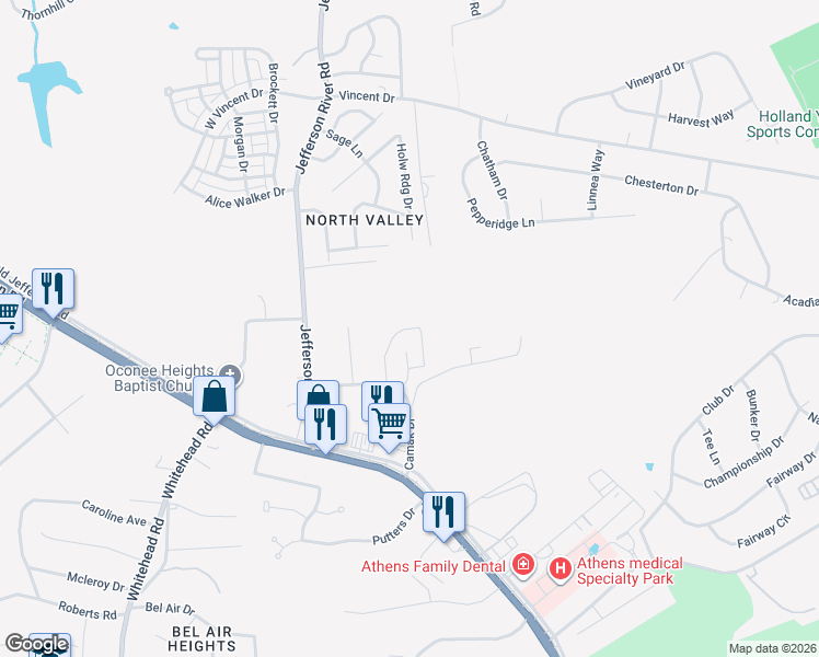 map of restaurants, bars, coffee shops, grocery stores, and more near 220 Camak Drive in Athens