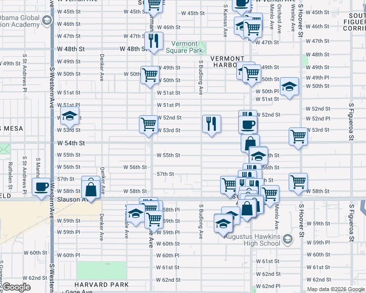 map of restaurants, bars, coffee shops, grocery stores, and more near 1244 West 54th Street in Los Angeles
