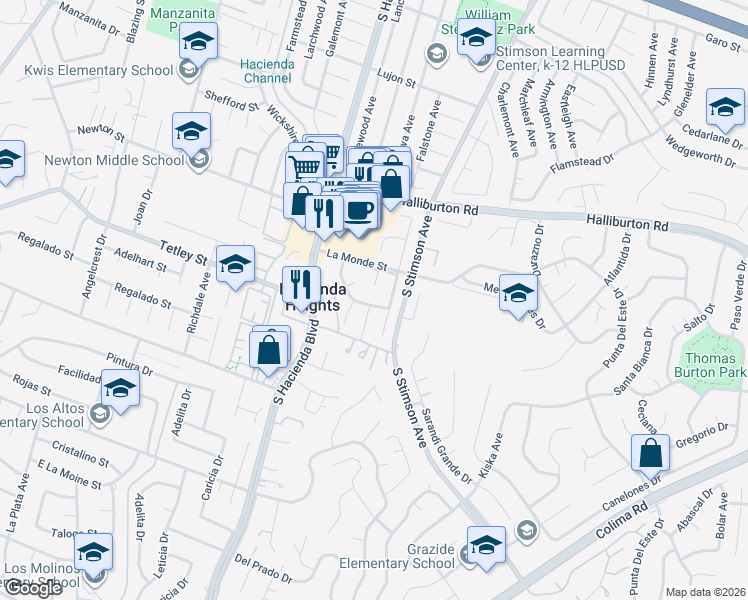 map of restaurants, bars, coffee shops, grocery stores, and more near 15923 La Floresta Drive in Hacienda Heights