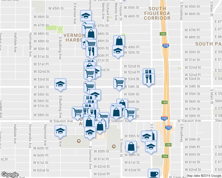 map of restaurants, bars, coffee shops, grocery stores, and more near 840 West 54th Street in Los Angeles