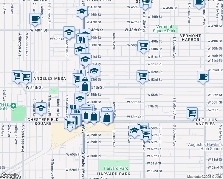 map of restaurants, bars, coffee shops, grocery stores, and more near 5401 Denker Avenue in Los Angeles