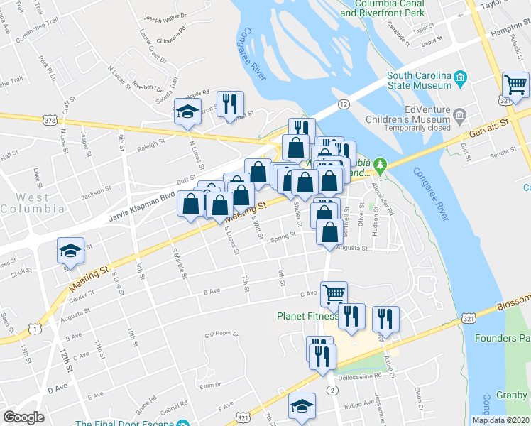 map of restaurants, bars, coffee shops, grocery stores, and more near 541 Meeting Street in West Columbia