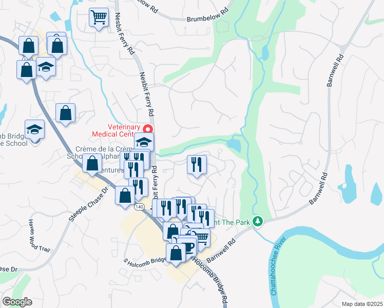 map of restaurants, bars, coffee shops, grocery stores, and more near 8802 Fairview Bluff in Johns Creek