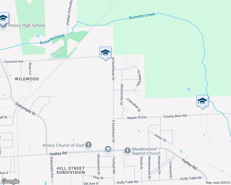 map of restaurants, bars, coffee shops, grocery stores, and more near 118 North Easthaven Drive in Amory