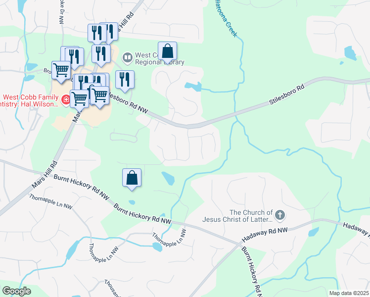 map of restaurants, bars, coffee shops, grocery stores, and more near 1783 Rose Hedge Way Northwest in Kennesaw