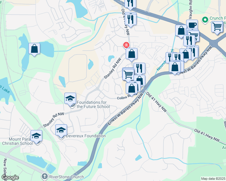 map of restaurants, bars, coffee shops, grocery stores, and more near 1684 Woodsford Road in Kennesaw