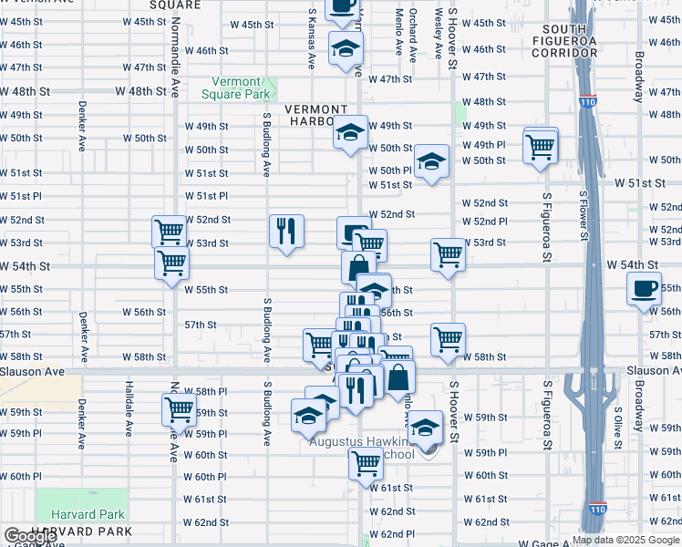 map of restaurants, bars, coffee shops, grocery stores, and more near 1020 West 54th Street in Los Angeles