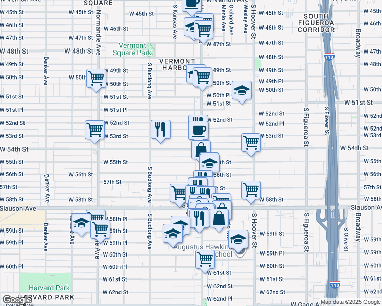 map of restaurants, bars, coffee shops, grocery stores, and more near 1020 West 54th Street in Los Angeles