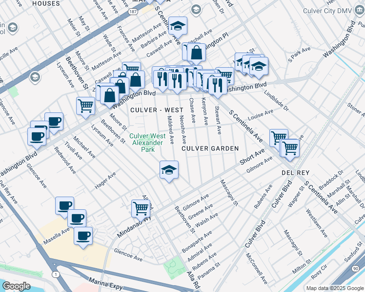 map of restaurants, bars, coffee shops, grocery stores, and more near 4247 Neosho Avenue in Los Angeles