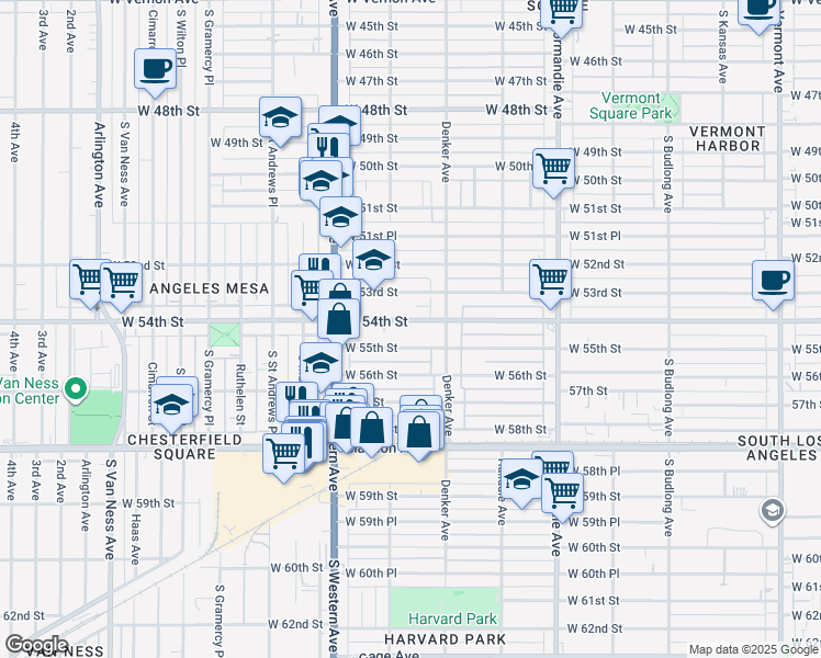 map of restaurants, bars, coffee shops, grocery stores, and more near 1638 West 54th Street in Los Angeles