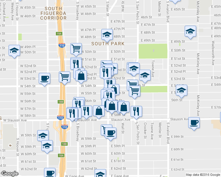 map of restaurants, bars, coffee shops, grocery stores, and more near 5414 South Main Street in Los Angeles