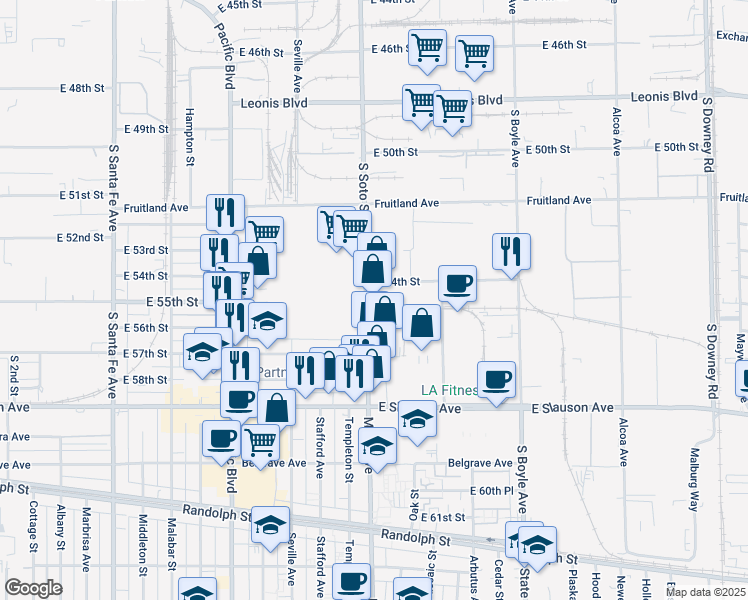 map of restaurants, bars, coffee shops, grocery stores, and more near 5603-5615 S Soto St in Vernon