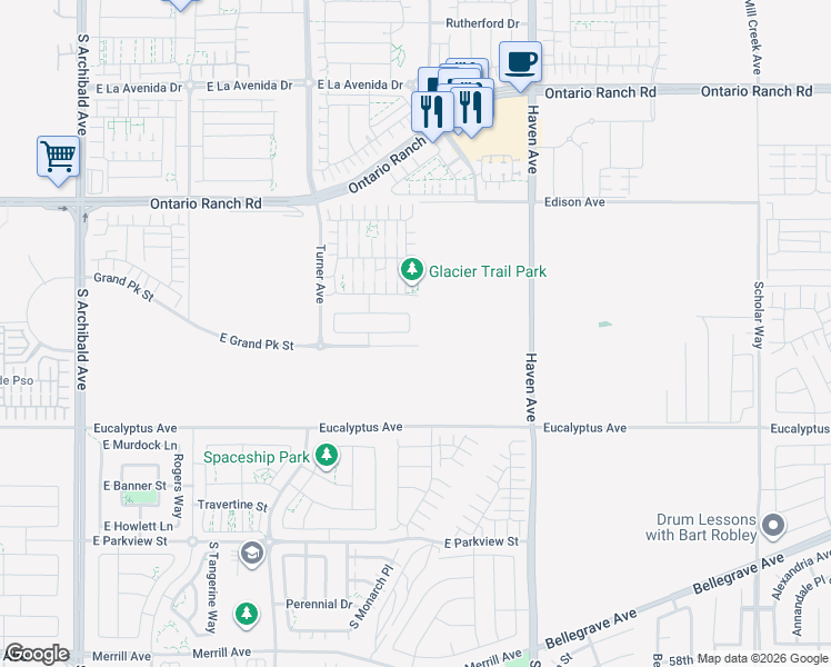 map of restaurants, bars, coffee shops, grocery stores, and more near 3274 East Denali Drive in Ontario
