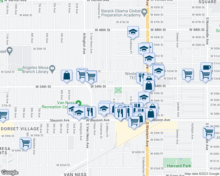 map of restaurants, bars, coffee shops, grocery stores, and more near 2016 West 54th Street in Los Angeles
