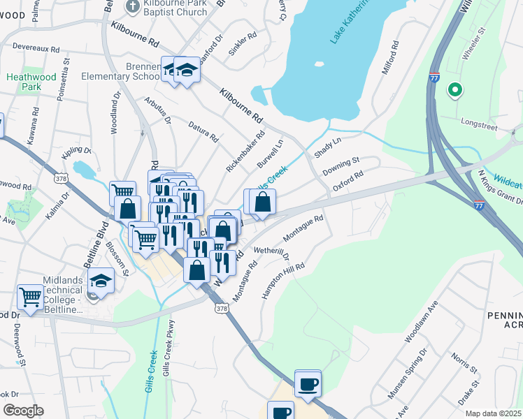 map of restaurants, bars, coffee shops, grocery stores, and more near 1 Downing Street in Columbia