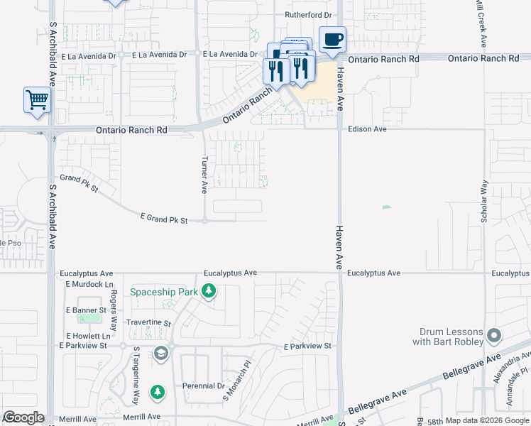 map of restaurants, bars, coffee shops, grocery stores, and more near 3274 East Denali Drive in Ontario