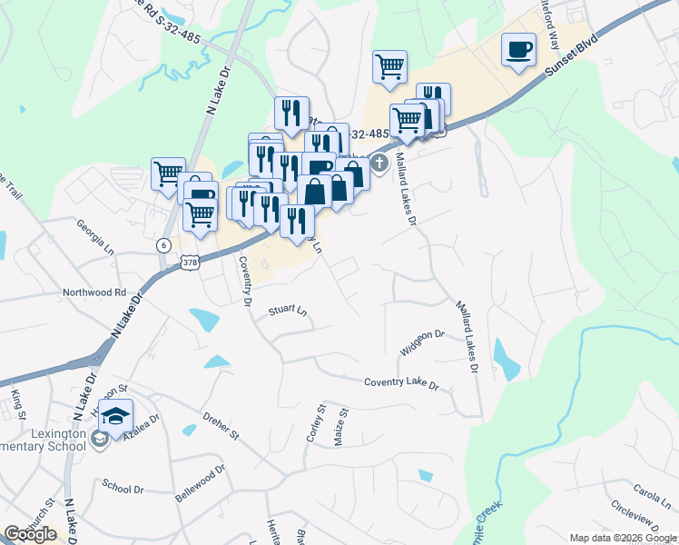 map of restaurants, bars, coffee shops, grocery stores, and more near 140 Huntington Circle in Lexington
