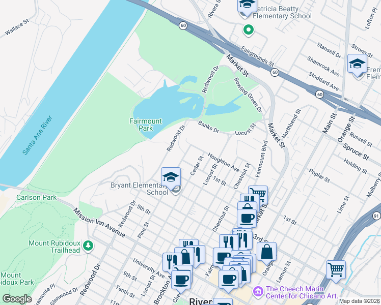 map of restaurants, bars, coffee shops, grocery stores, and more near 3089 Pine Street in Riverside