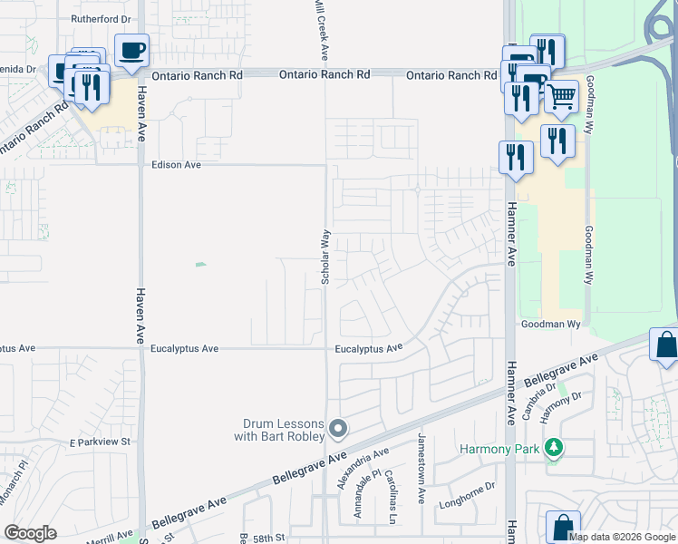 map of restaurants, bars, coffee shops, grocery stores, and more near 14109-14493 Cleveland Avenue in Ontario