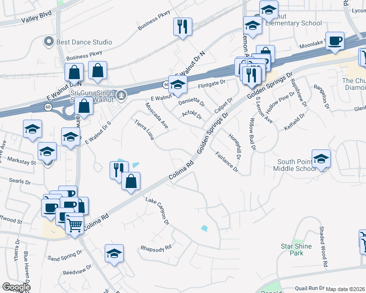 map of restaurants, bars, coffee shops, grocery stores, and more near 1248 Tierra Luna in Walnut