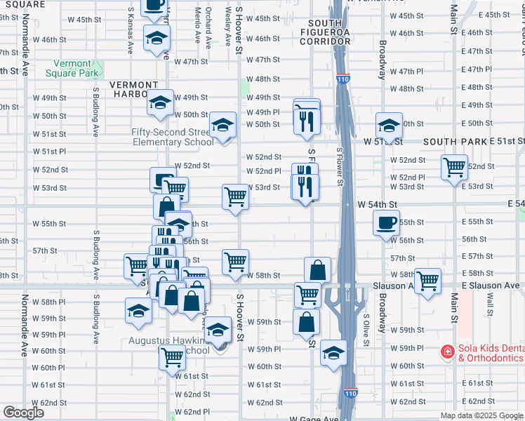 map of restaurants, bars, coffee shops, grocery stores, and more near 638 West 54th Street in Los Angeles