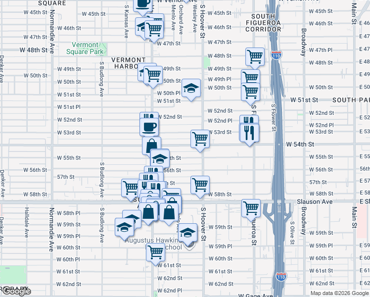 map of restaurants, bars, coffee shops, grocery stores, and more near 840 West 54th Street in Los Angeles