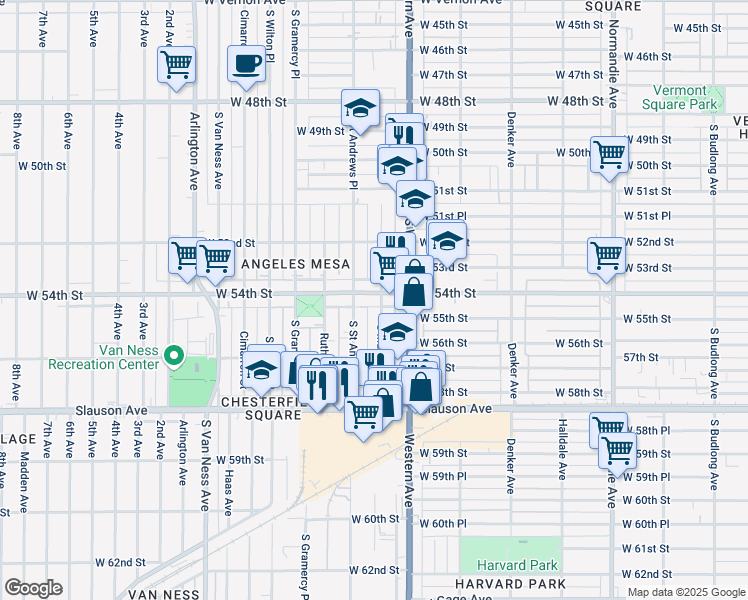 map of restaurants, bars, coffee shops, grocery stores, and more near 1872 West 54th Street in Los Angeles