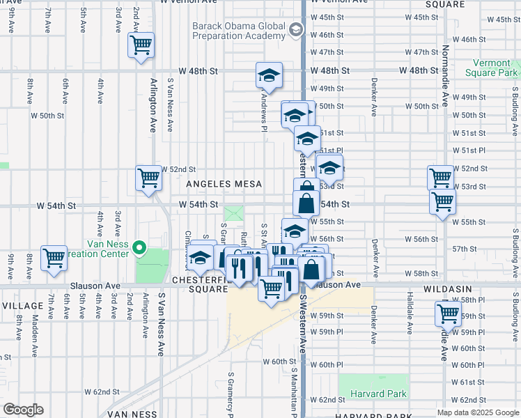 map of restaurants, bars, coffee shops, grocery stores, and more near 1872 West 54th Street in Los Angeles