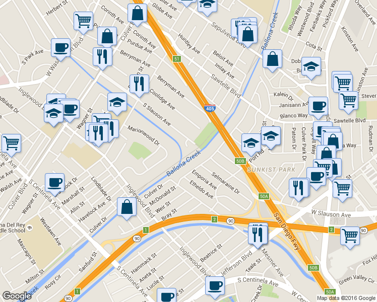 map of restaurants, bars, coffee shops, grocery stores, and more near 11520 Bradson Place in Culver City