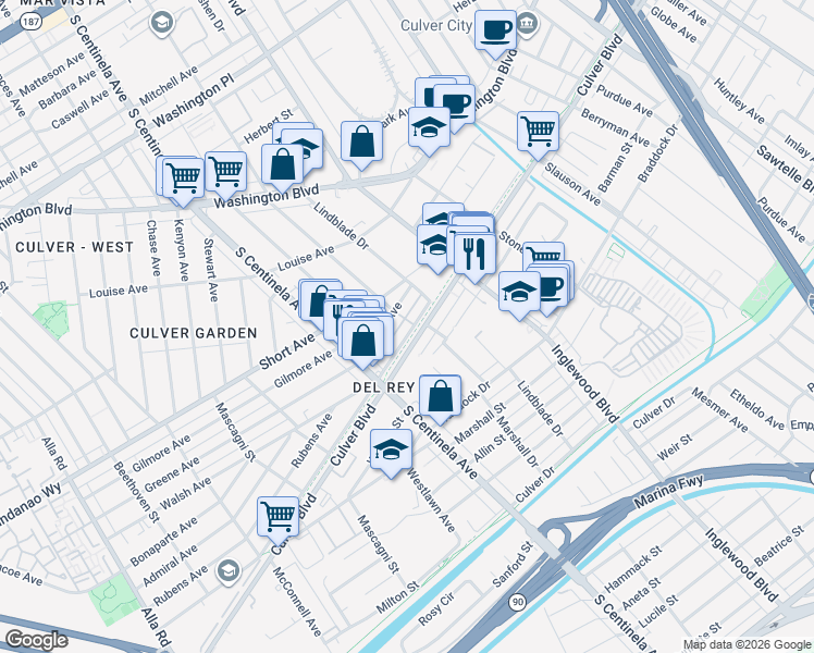 map of restaurants, bars, coffee shops, grocery stores, and more near 12218 Greene Avenue in Los Angeles