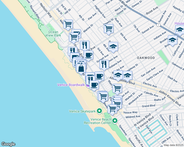 map of restaurants, bars, coffee shops, grocery stores, and more near 34 Sunset Avenue in Los Angeles