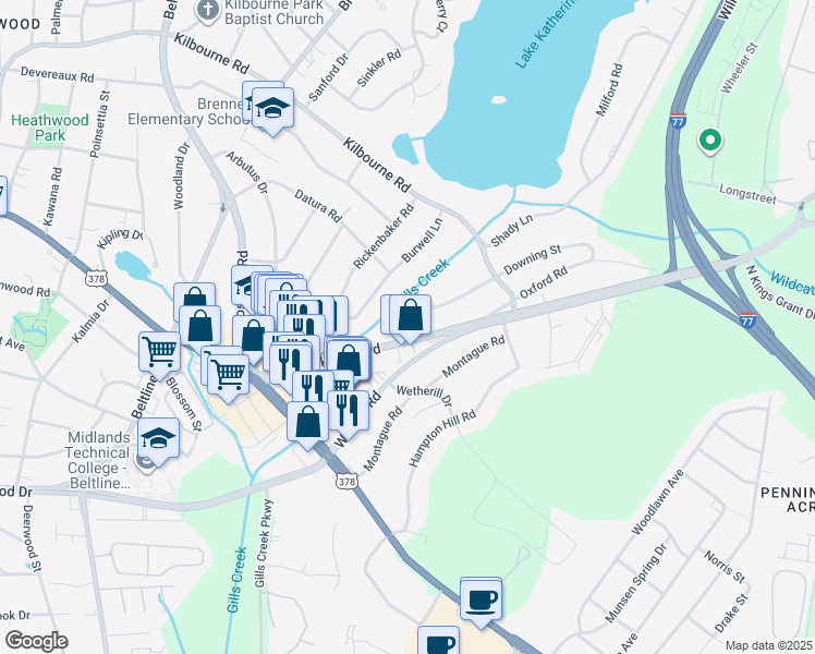 map of restaurants, bars, coffee shops, grocery stores, and more near 1 Downing Street in Columbia