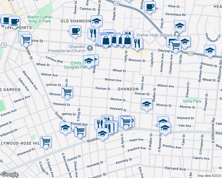map of restaurants, bars, coffee shops, grocery stores, and more near 2816 Duncan Street in Columbia