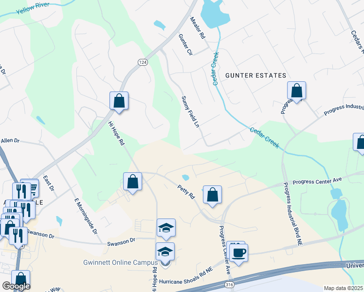 map of restaurants, bars, coffee shops, grocery stores, and more near 840 Cline Petty Way in Lawrenceville
