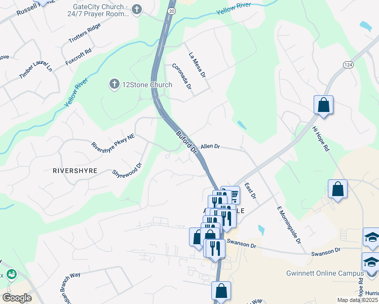 map of restaurants, bars, coffee shops, grocery stores, and more near Agate Lane in Gwinnett County