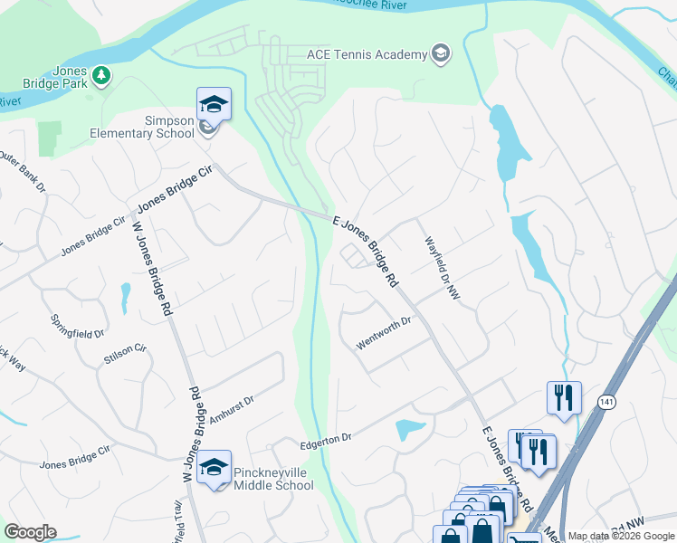 map of restaurants, bars, coffee shops, grocery stores, and more near 5165 Thamesgate Close in Peachtree Corners