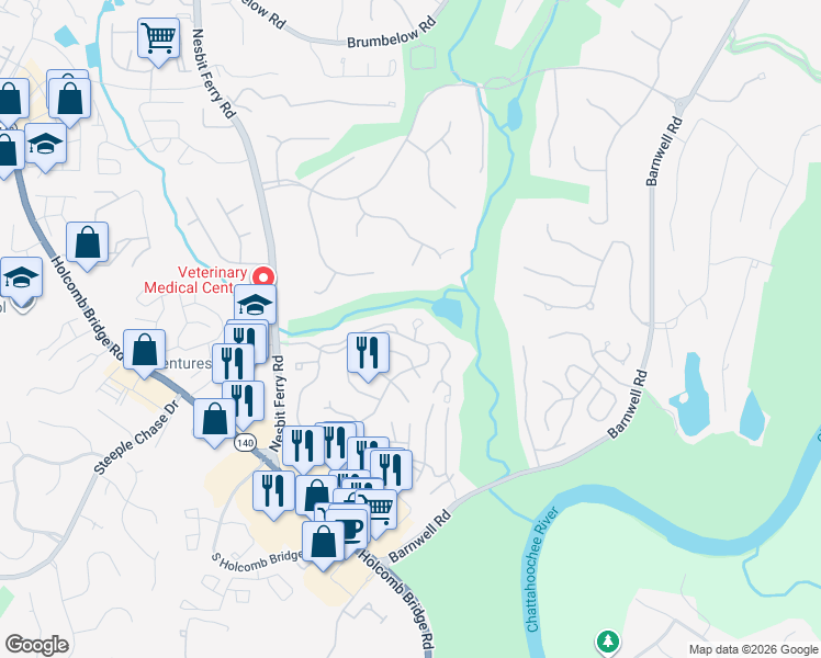 map of restaurants, bars, coffee shops, grocery stores, and more near 320 Colony Cove in Johns Creek