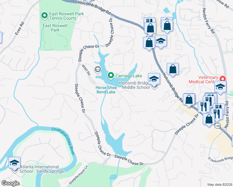 map of restaurants, bars, coffee shops, grocery stores, and more near 205 Watercress Drive in Roswell
