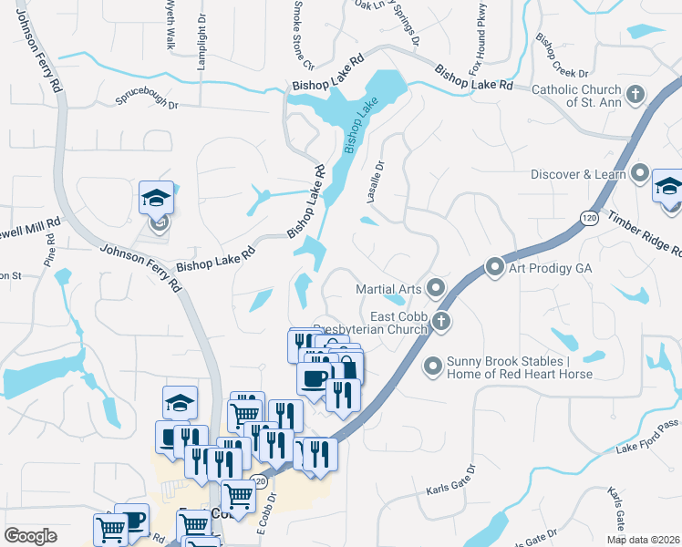 map of restaurants, bars, coffee shops, grocery stores, and more near 4422 Waterbury Lane in Marietta