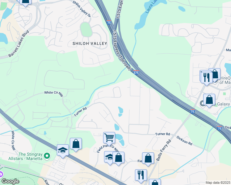 map of restaurants, bars, coffee shops, grocery stores, and more near 254 Shiloh Manor Drive in Marietta