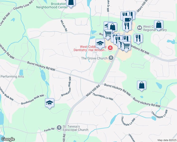 map of restaurants, bars, coffee shops, grocery stores, and more near 5679 Brookstone Walk Northwest in Acworth