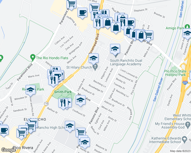 map of restaurants, bars, coffee shops, grocery stores, and more near 5515 Citronell Avenue in Pico Rivera