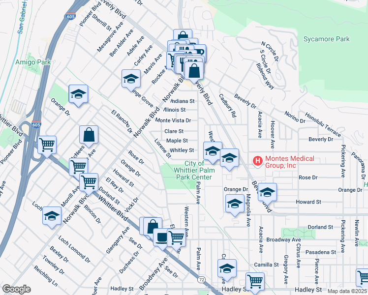 map of restaurants, bars, coffee shops, grocery stores, and more near 11319 Whitley Street in Whittier