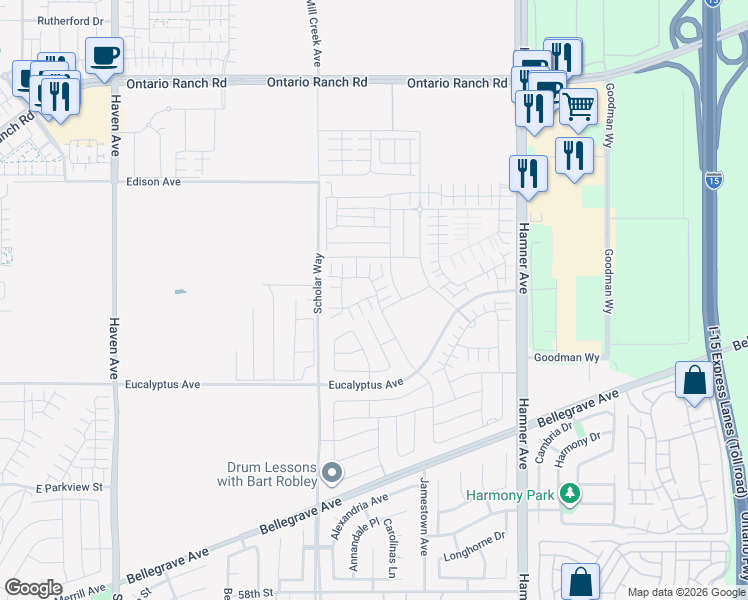 map of restaurants, bars, coffee shops, grocery stores, and more near 4014 East Catalina Street in Ontario