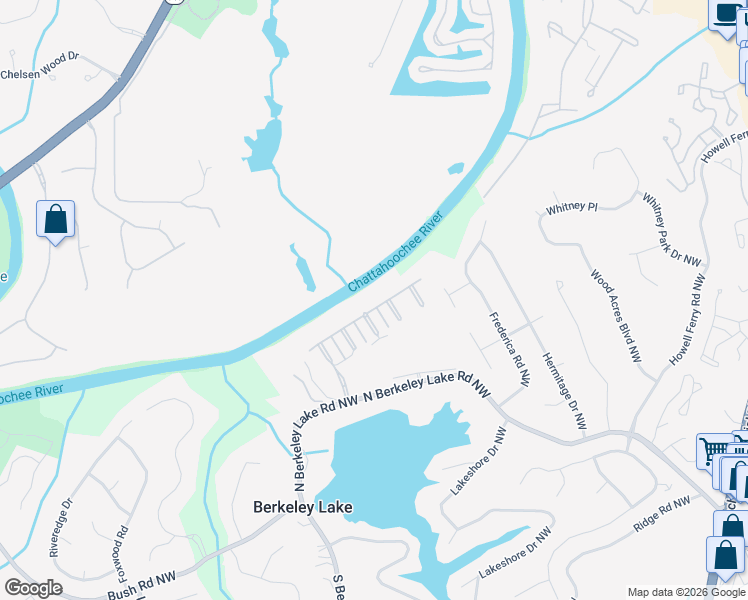 map of restaurants, bars, coffee shops, grocery stores, and more near 4282 River District Way in Berkeley Lake