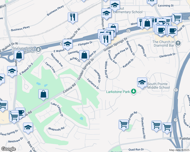 map of restaurants, bars, coffee shops, grocery stores, and more near 1364 Calbourne Drive in Walnut