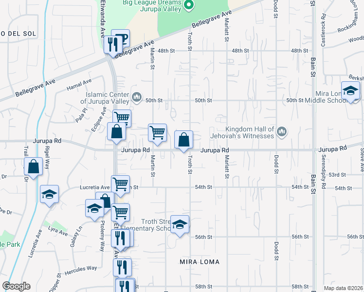 map of restaurants, bars, coffee shops, grocery stores, and more near 10643 Jurupa Road in Jurupa Valley
