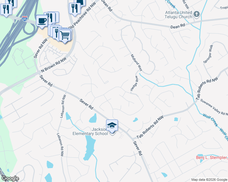 map of restaurants, bars, coffee shops, grocery stores, and more near 1300 Steeple Run in Lawrenceville
