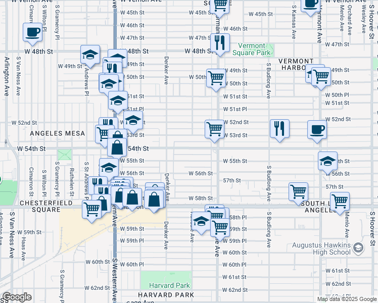 map of restaurants, bars, coffee shops, grocery stores, and more near 1506 West 54th Street in Los Angeles
