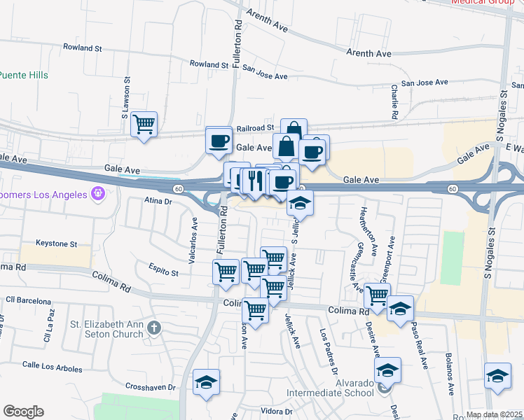 map of restaurants, bars, coffee shops, grocery stores, and more near 18405 Santar Street in Rowland Heights